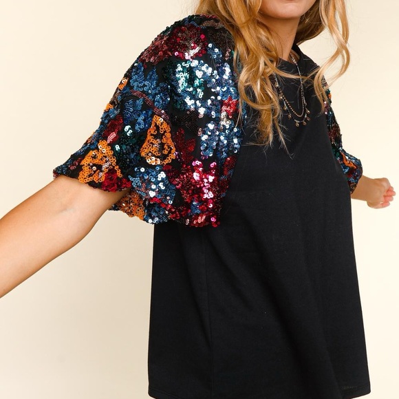 🔥🔥Solid Knit Multi Color Sequence Bubble Sleeve Top - Picture 4 of 4